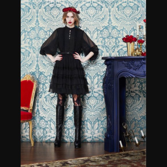 Authentic Alice & Olivia SUZE PUFF DRESS Tiered Lace Tulle Silk Dress $895.00 - Picture 4 of 16